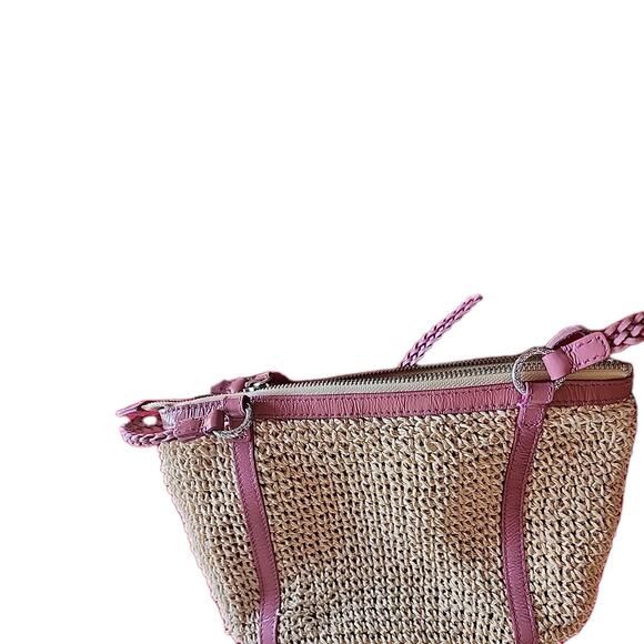 Brighton Woven Straw Raffia Macrame Medium Tan w Pink Shoulder Handbag As Is - Picture 3 of 15